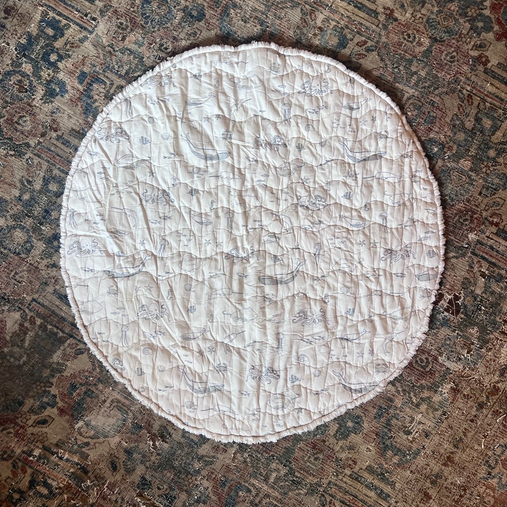 Pehr Organic Cotton Round Quilted Play Mat in Life Aquatic Marine white & blue